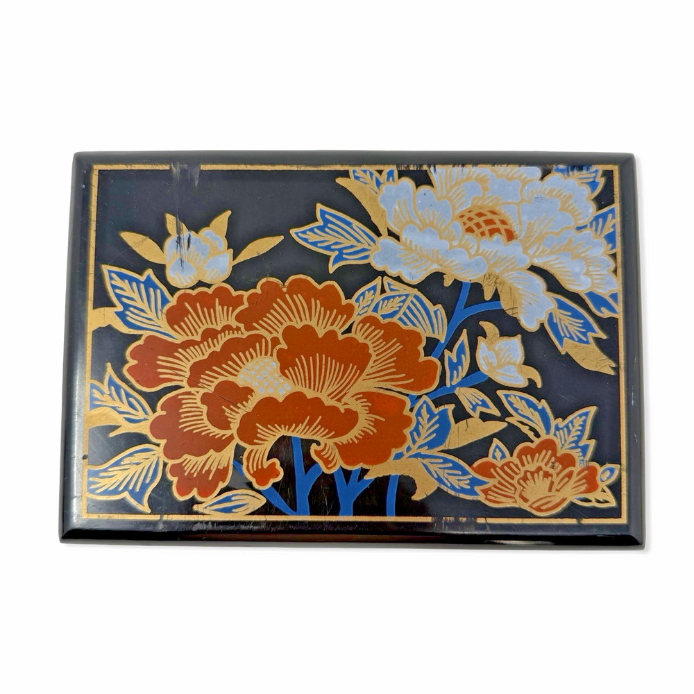 Vintage Floral Lacquer Style Trinket Box Black Gold Red Insert Jewelry Box